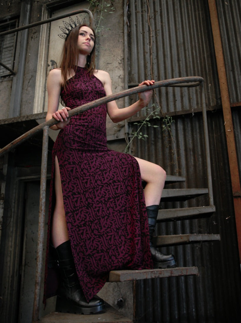 Purple printed jersey maxi dress with black calligraphy pattern